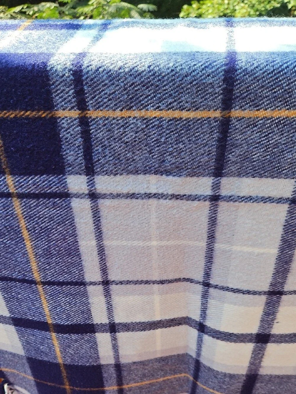 Vintage Faribo Blue Grey Gold Plaid Fringe Throw Stadium Blanket Size 52 X 52